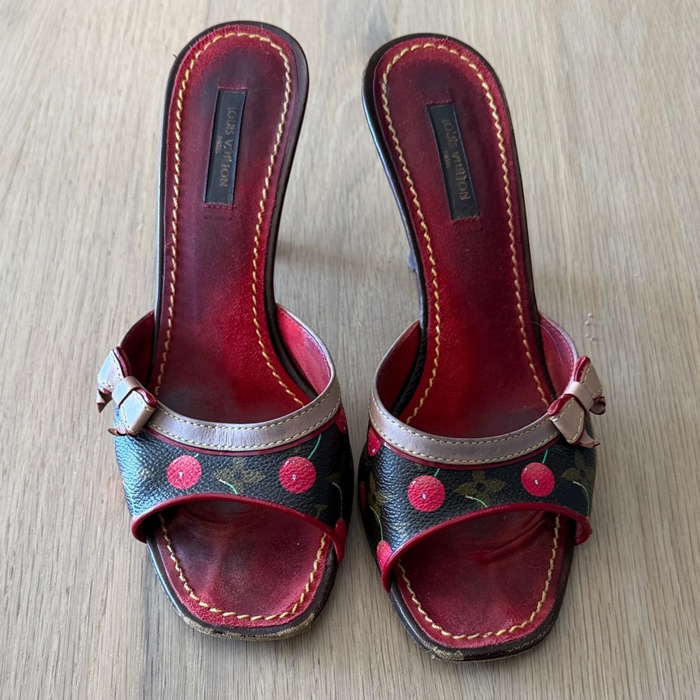 Louis Vuitton Red Cherry Print Open-Toe Mules